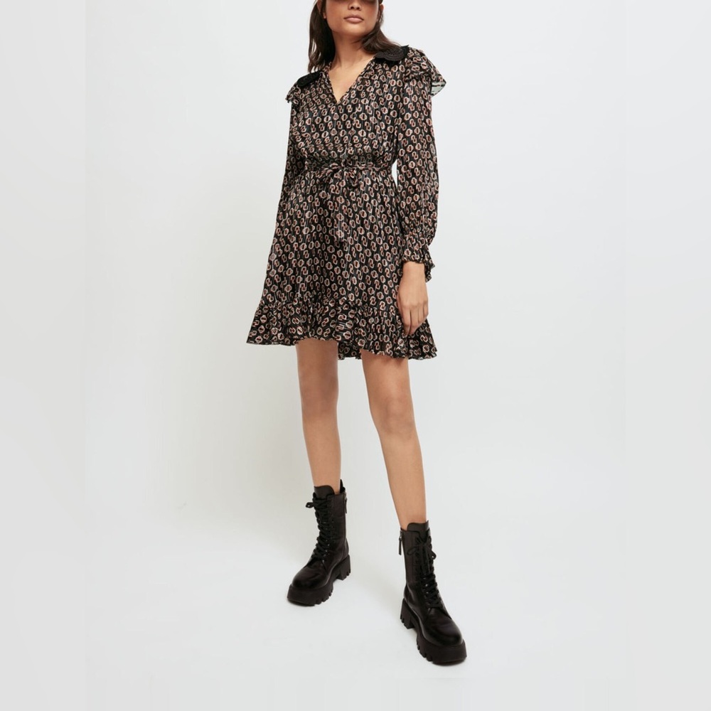 Maje Black and Gold Patterned Sheer Long Sleeve Dress, Designer Mini Dress